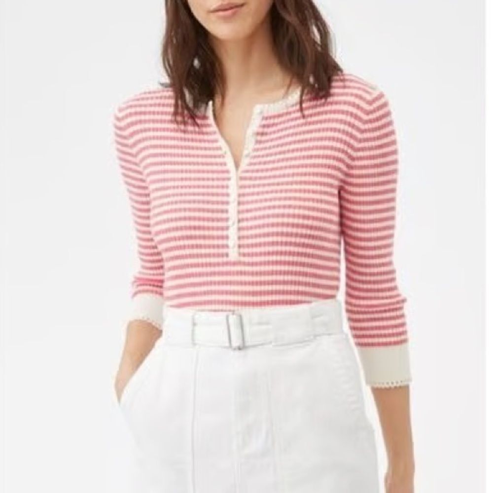 Rebecca Taylor Pink and White Striped Henley Top Medium